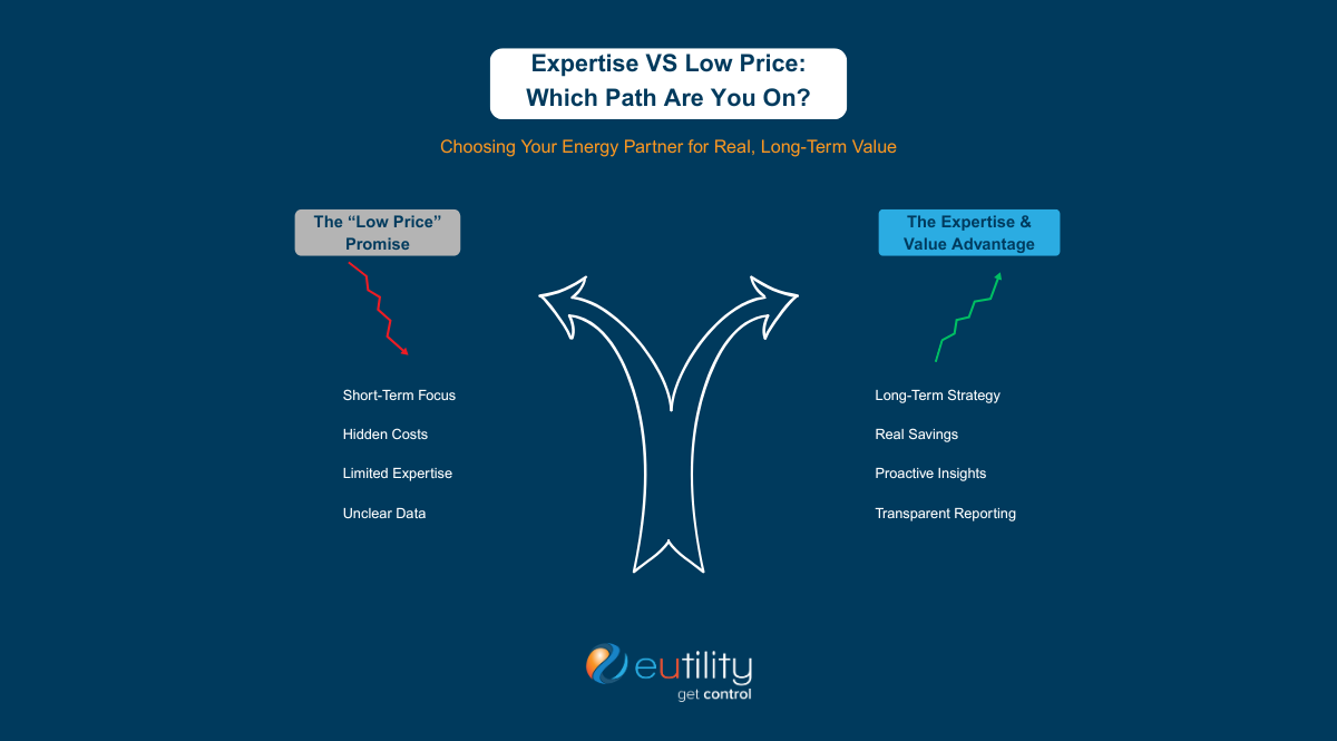 Expertise versus low price: the low-price promise leads to short-term focus, hidden costs, limited expertise and unclear data, while the expertise and value advantage leads to long-term strategy, real savings, proactive insights and transparent reporting