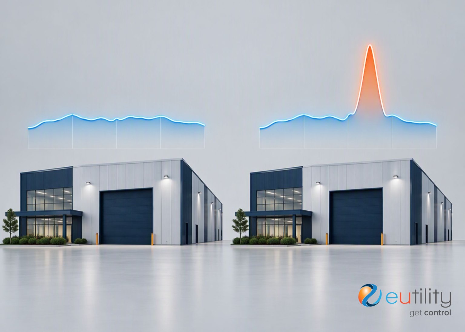 Two identical industrial buildings with demand profiles above them: steady demand over the left building and a single sharp orange spike over the right