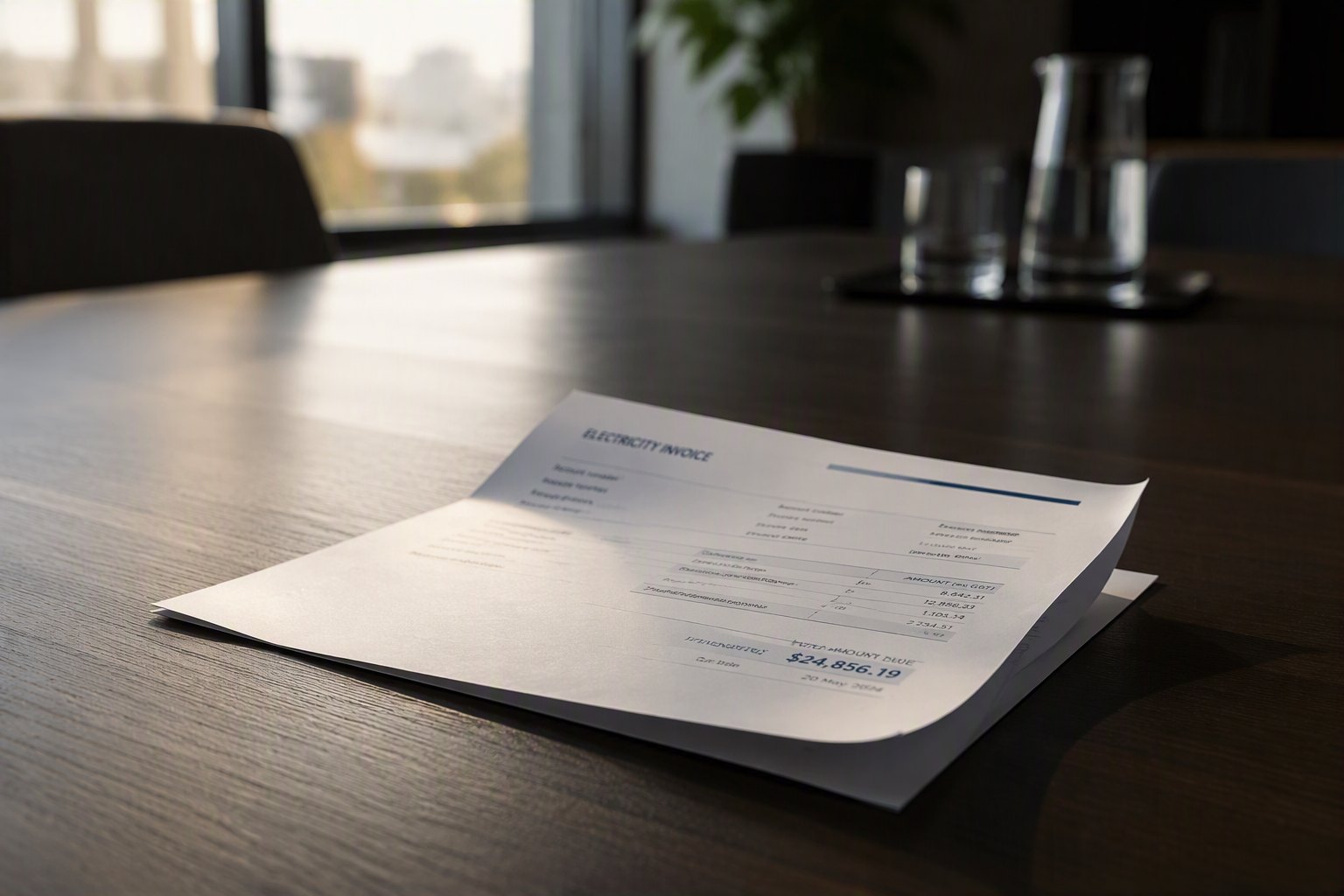 An electricity invoice resting on a dark boardroom table beside a glass water carafe