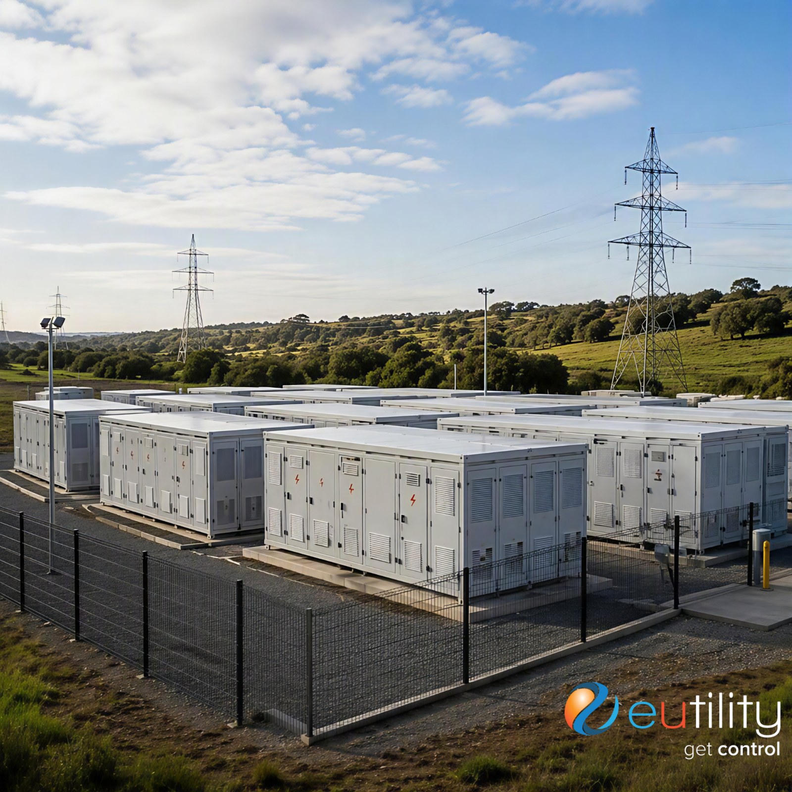 Grid-scale battery storage containers beside transmission towers in rural Australia