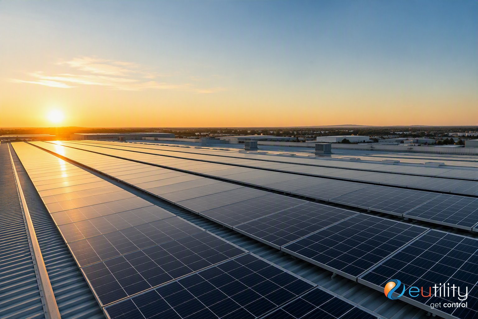 Rooftop commercial solar array on a large industrial building at sunrise