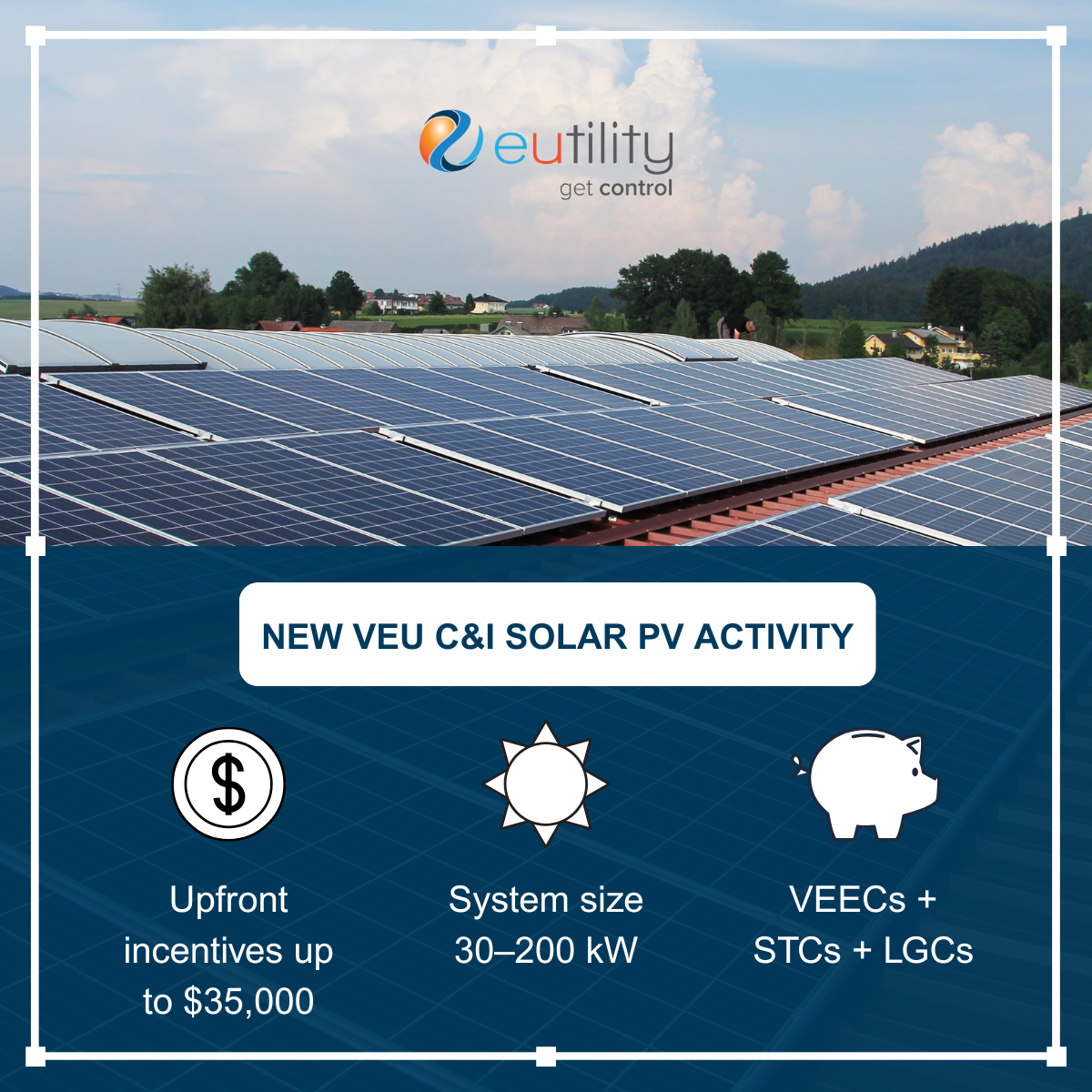 New VEU C&I Solar PV activity: upfront incentives up to $35,000, system size 30–200 kW, VEECs plus STCs plus LGCs
