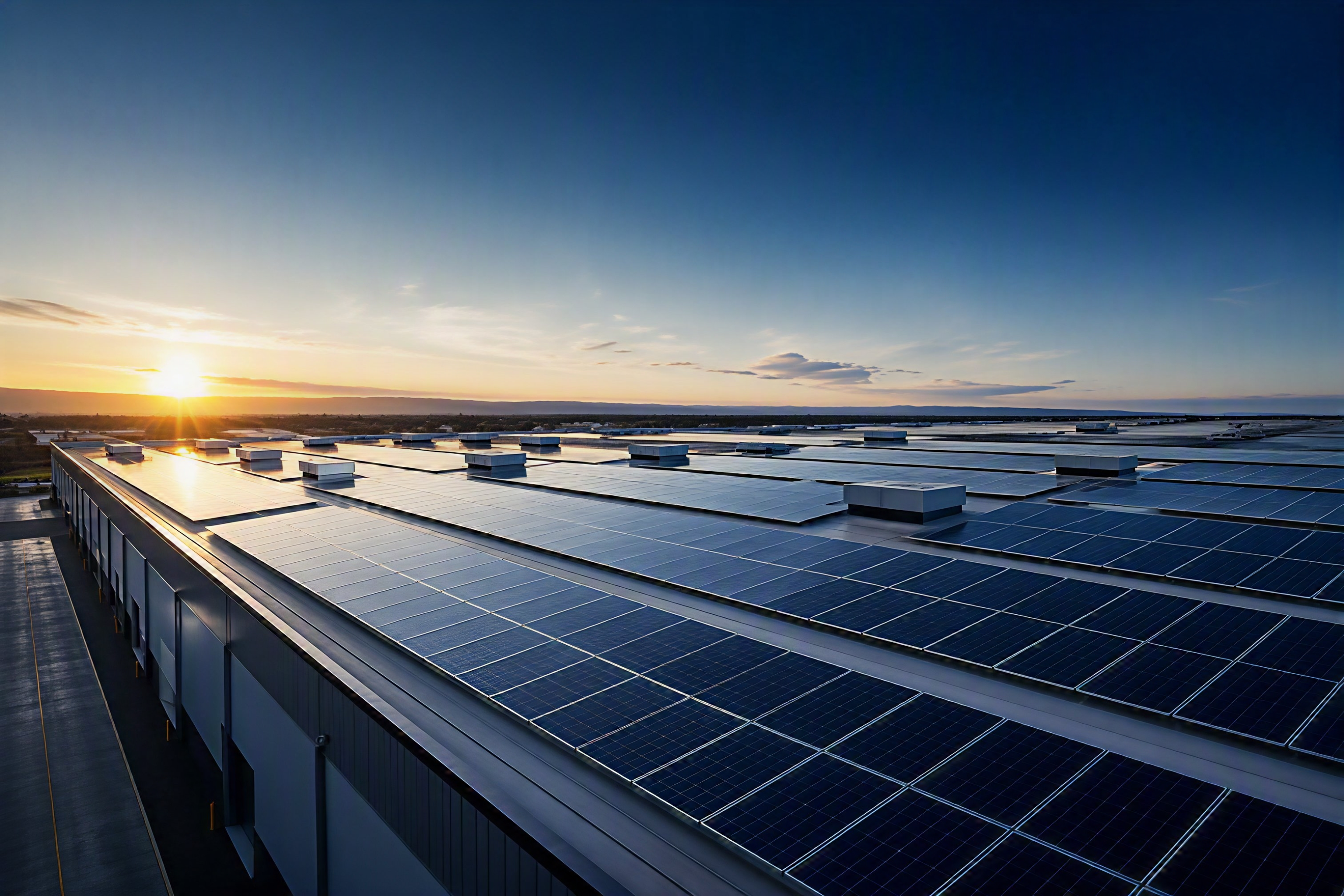 Photo: commercial rooftop solar panels under a clear Australian sky, clean lines, forward-looking