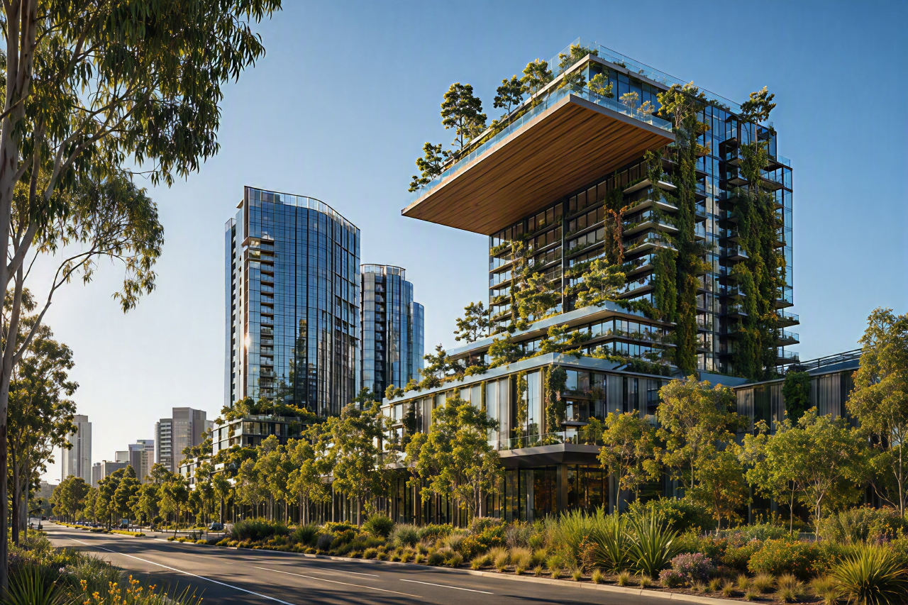Photo: a green-certified commercial building or team reviewing ESG and emissions reporting, natural, sustainable feel